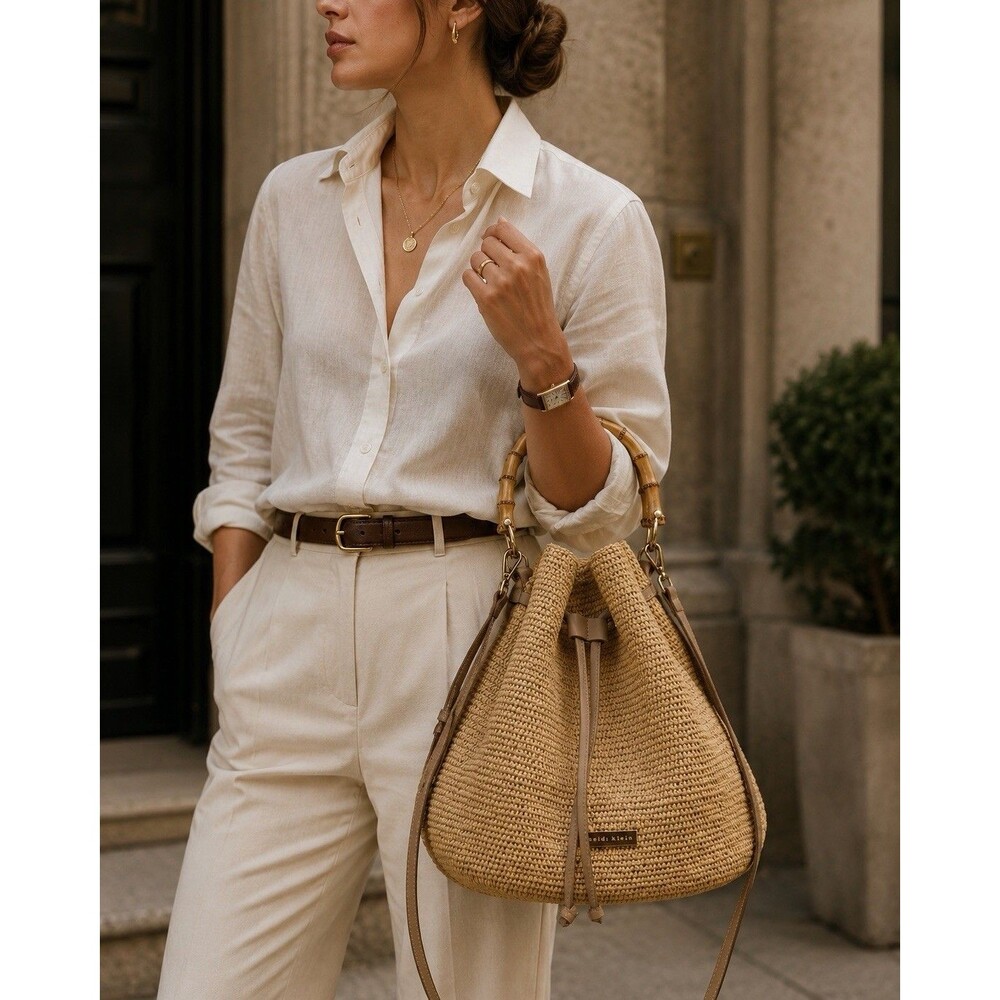 Heidi Klein Savannah Bay Raffia Duffle Bag Bamboo Handle Crossbody Natural Luxe